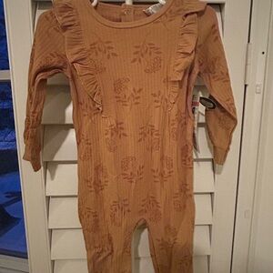 Gerber Mustard Ribbed Floral Ruffle Long-Sleeve One-Piece